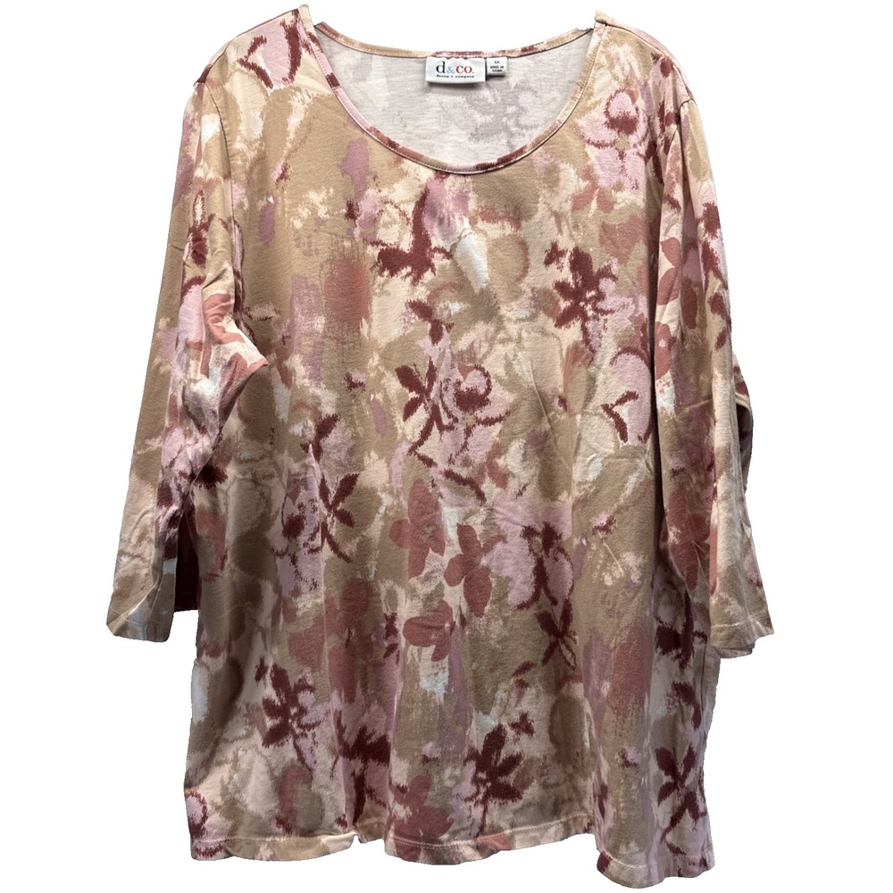 Denim & Co Women's Top Size 1X Plus Pink Tan Floral 3/4 Sleeve Pullover Cotton